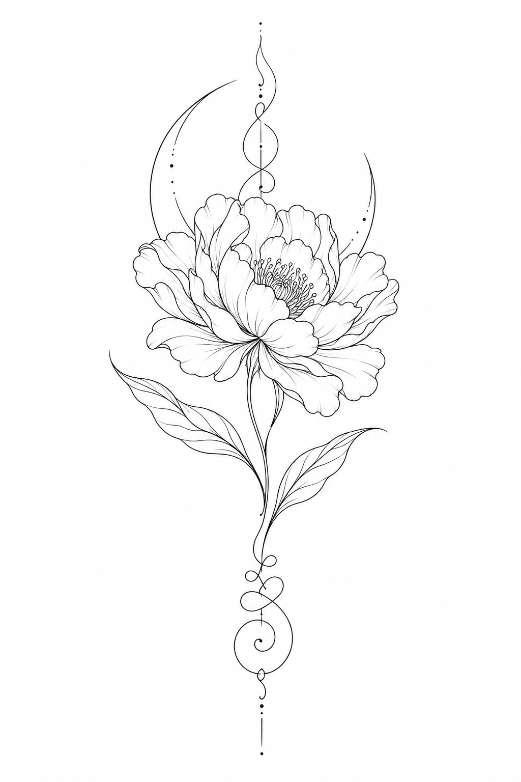 Projet de tatouage fineline : grande fleur, arc énergétique et unalome